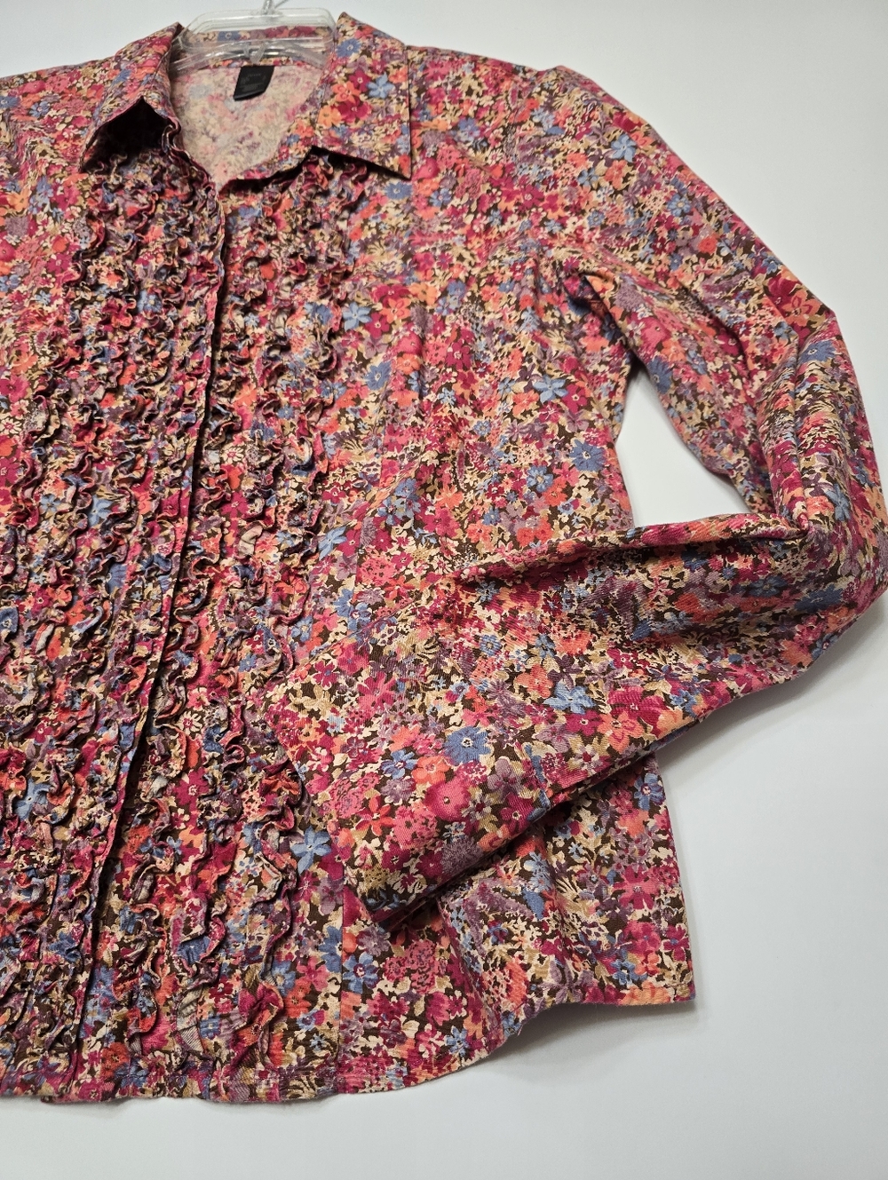 Liz Claiborne Floral Ruffle Button-Up Blouse in Pink Multi Large Petite